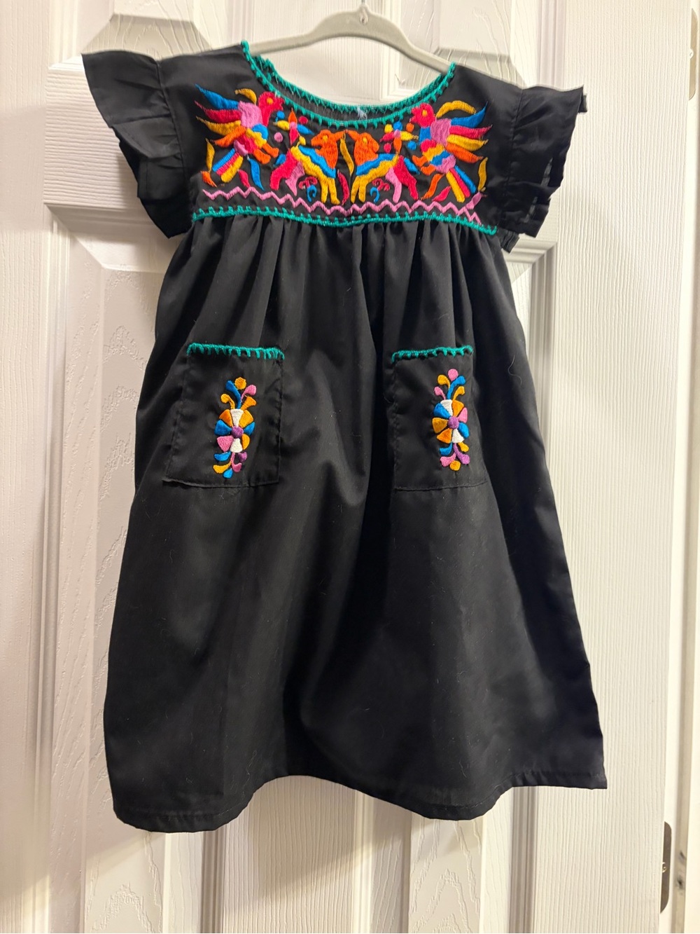 Black Embroidered Flutter-Sleeve Kids Dress - Multicolor Detail